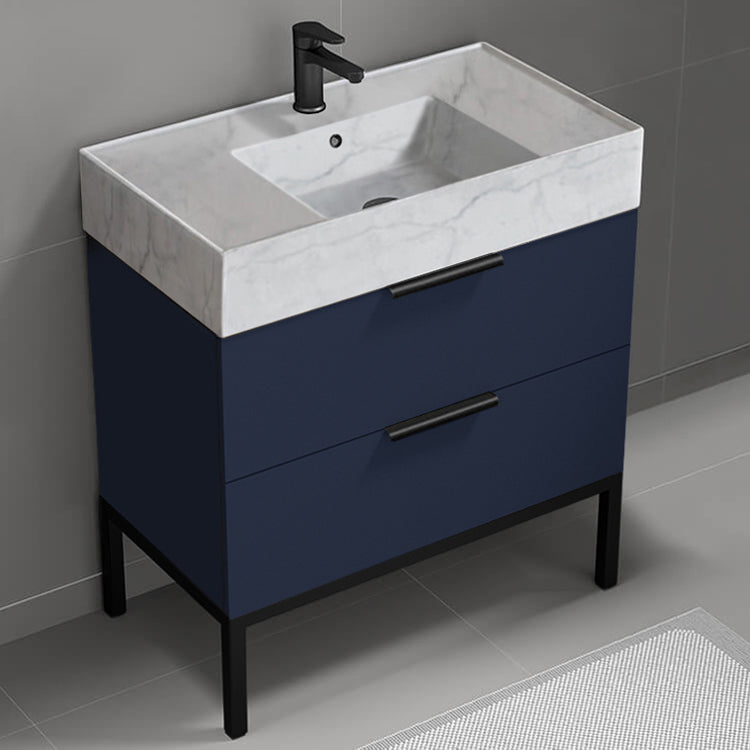 Blue Bathroom Vanity With Marble Design Sink, Modern, Free Standing, 32"