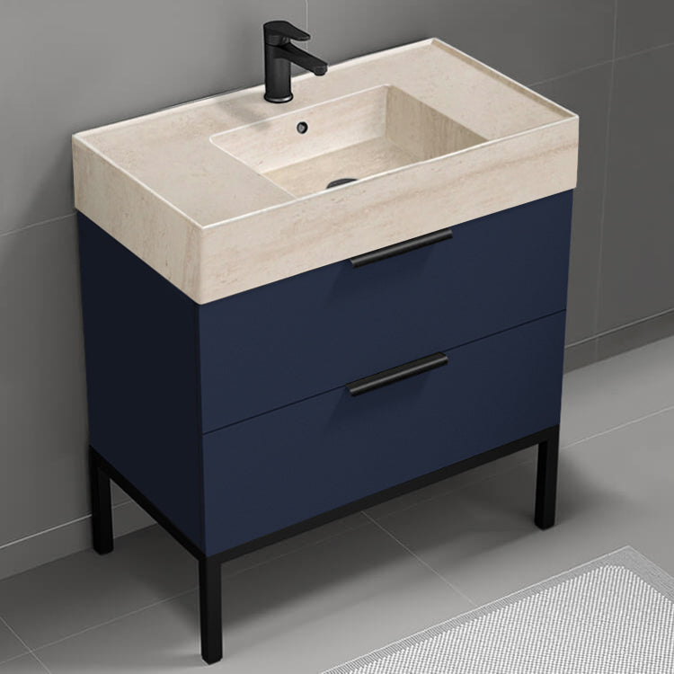 Blue Bathroom Vanity With Beige Travertine Design Sink, Modern, Free Standing, 32"