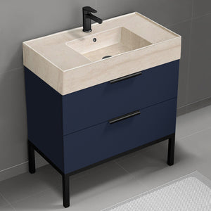 Blue Bathroom Vanity With Beige Travertine Design Sink, Modern, Free Standing, 32"