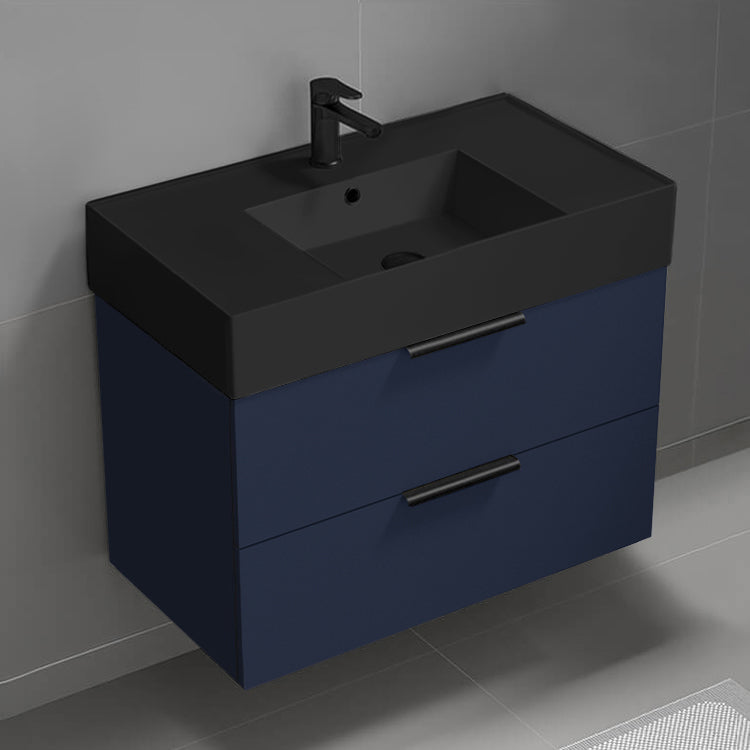Blue Bathroom Vanity With Black Sink, Floating, 32"