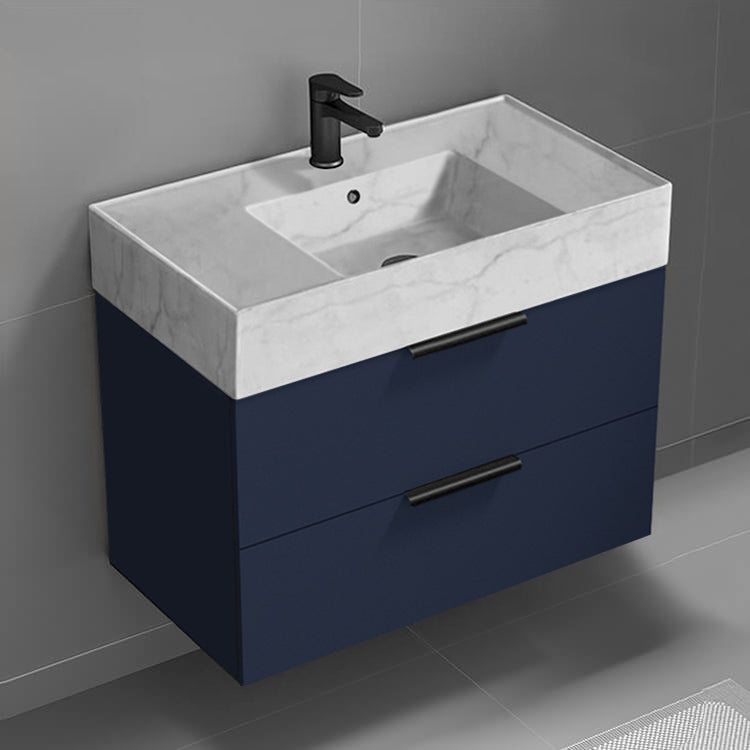 Blue Bathroom Vanity With Marble Design Sink, Floating, 32"