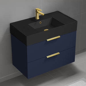 Blue Bathroom Vanity With Black Sink, Floating, 32"