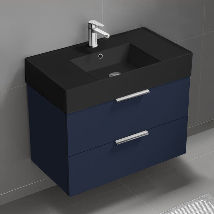 Blue Bathroom Vanity With Black Sink, Floating, 32"