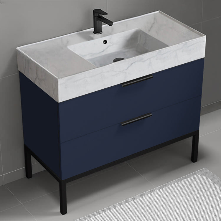 40" Bathroom Vanity With Marble Design Sink, Floor Standing, Modern, Night Blue