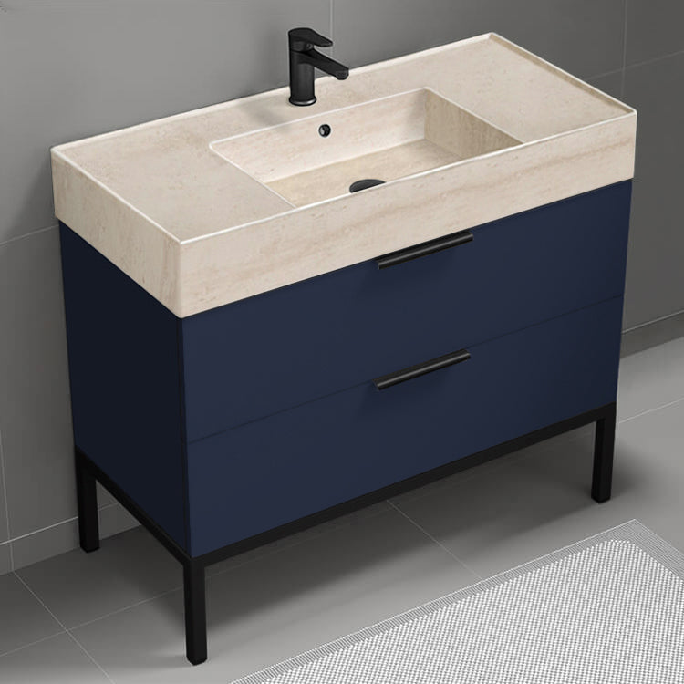 40" Bathroom Vanity With Beige Travertine Design Sink, Floor Standing, Modern, Night Blue