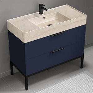 40" Bathroom Vanity With Beige Travertine Design Sink, Floor Standing, Modern, Night Blue