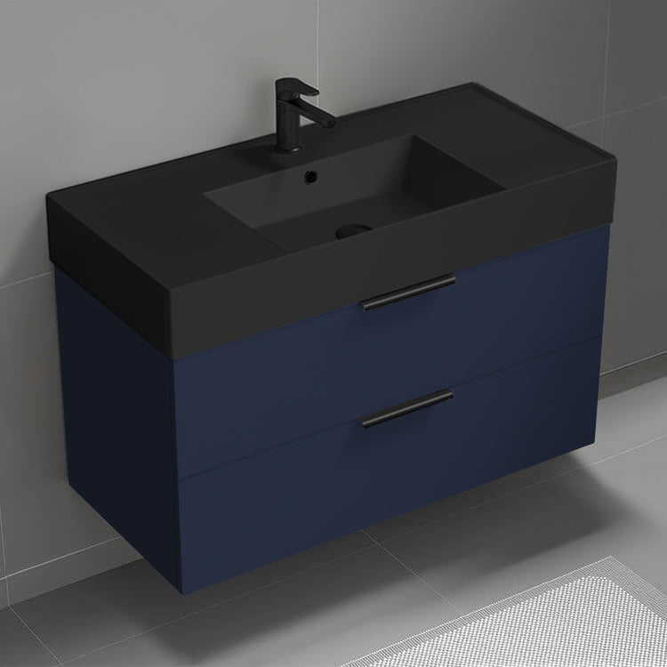 Wall Mounted Bathroom Vanity With Black Sink, Modern, Single, 40", Night Blue