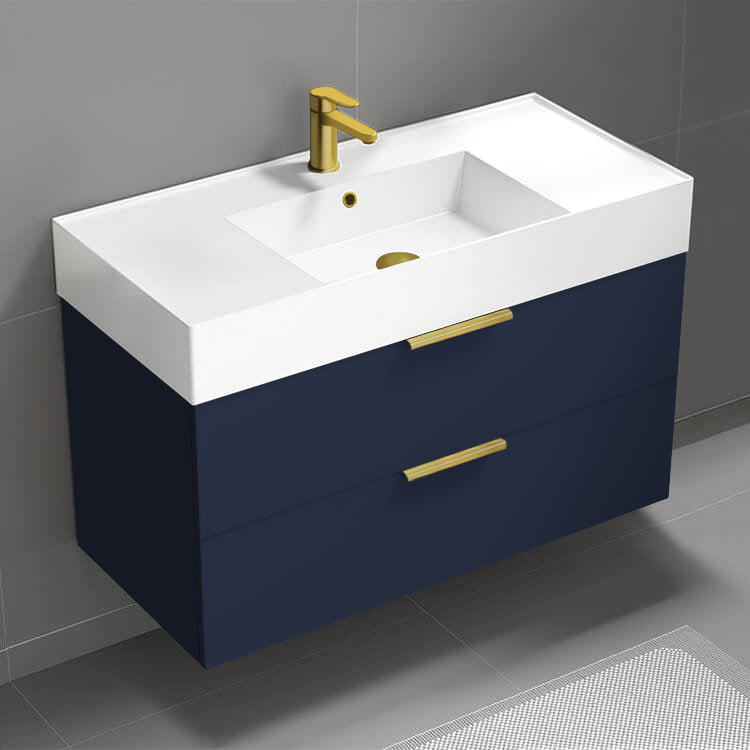 Blue Bathroom Vanity, Wall Mounted, 40"