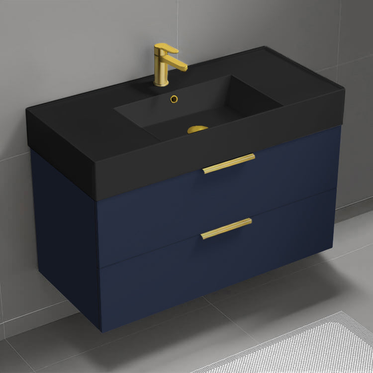 Wall Mounted Bathroom Vanity With Black Sink, Modern, Single, 40", Night Blue