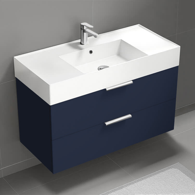 Wall Mounted Bathroom Vanity, Modern, Single, 40", Night Blue