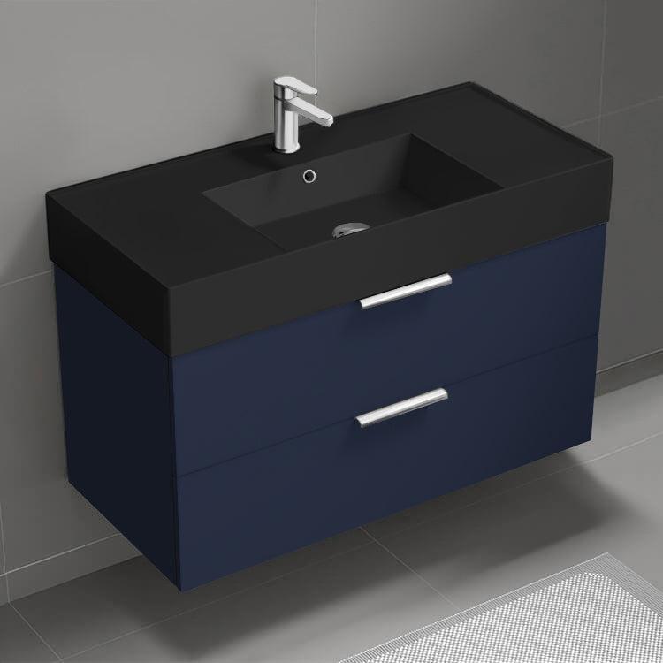 Wall Mounted Bathroom Vanity With Black Sink, Modern, Single, 40", Night Blue