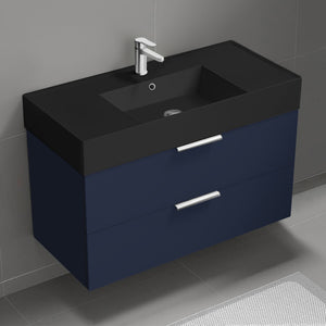 Wall Mounted Bathroom Vanity With Black Sink, Modern, Single, 40", Night Blue