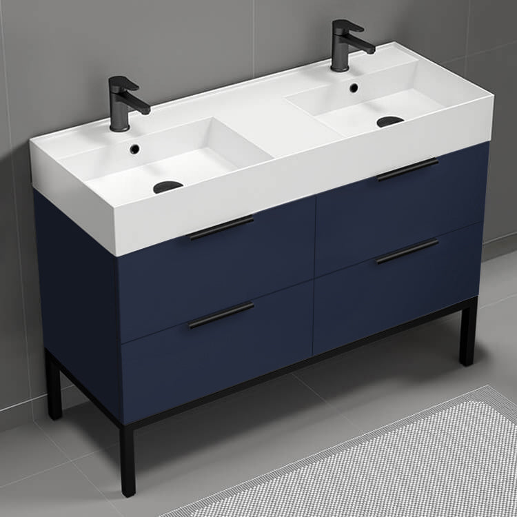 48" Bathroom Vanity, Double Sink, Modern, Floor Standing, Night Blue