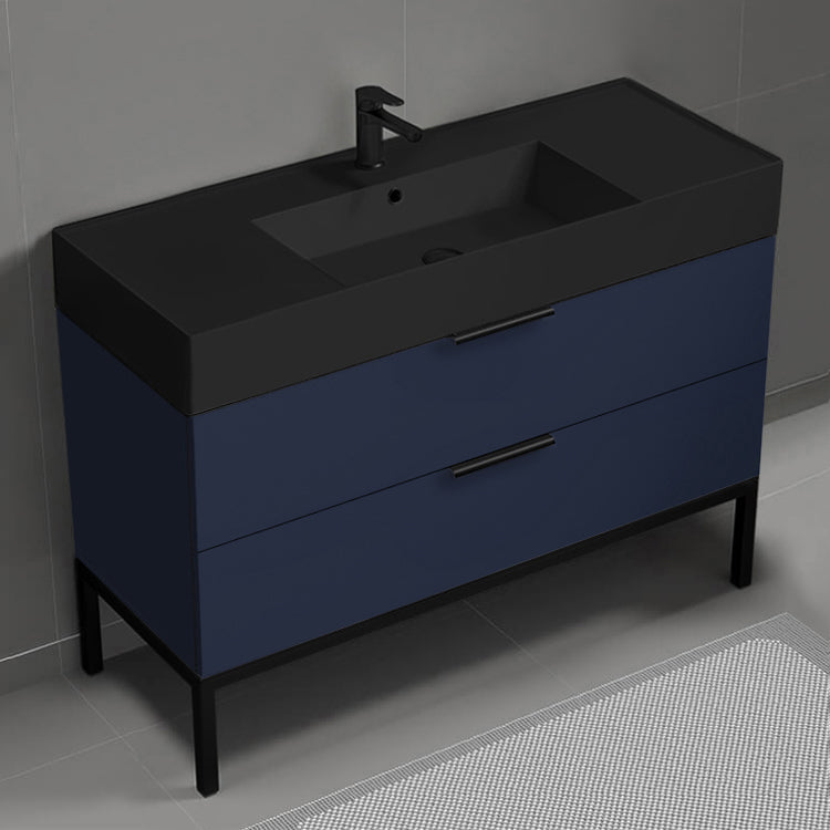 48" Bathroom Vanity With Black Sink, Free Standing, Night Blue