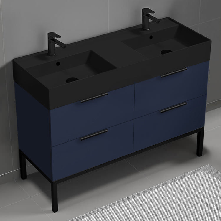 48" Bathroom Vanity With Black Sink, Double Sink, Modern, Floor Standing, Night Blue