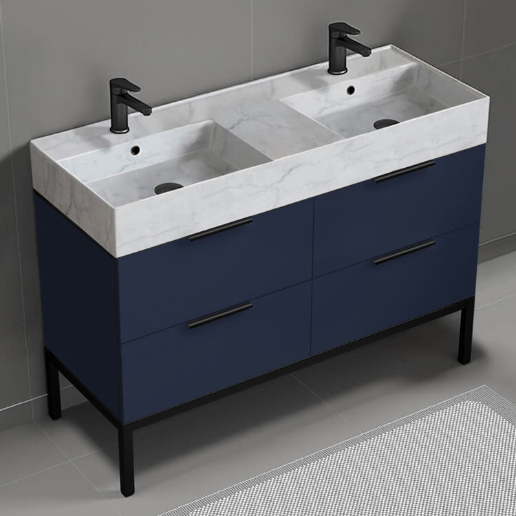 48" Bathroom Vanity With Marble Design Sink, Double Sink, Modern, Floor Standing, Night Blue