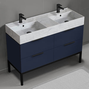 48" Bathroom Vanity With Marble Design Sink, Double Sink, Modern, Floor Standing, Night Blue