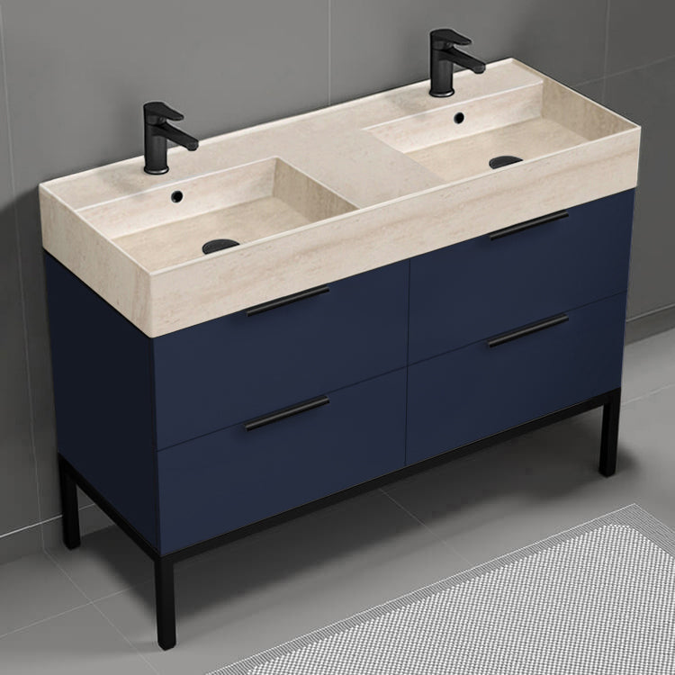 48" Bathroom Vanity With Beige Travertine Design Sink, Double Sink, Modern, Floor Standing, Night Blue