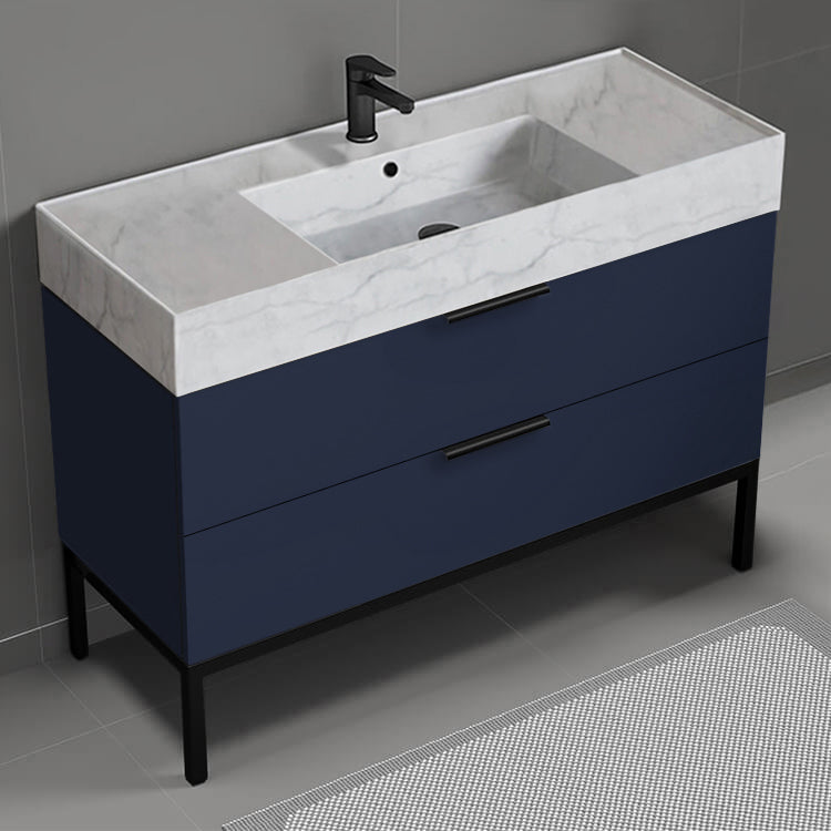 48" Bathroom Vanity With Marble Design Sink, Free Standing, Night Blue