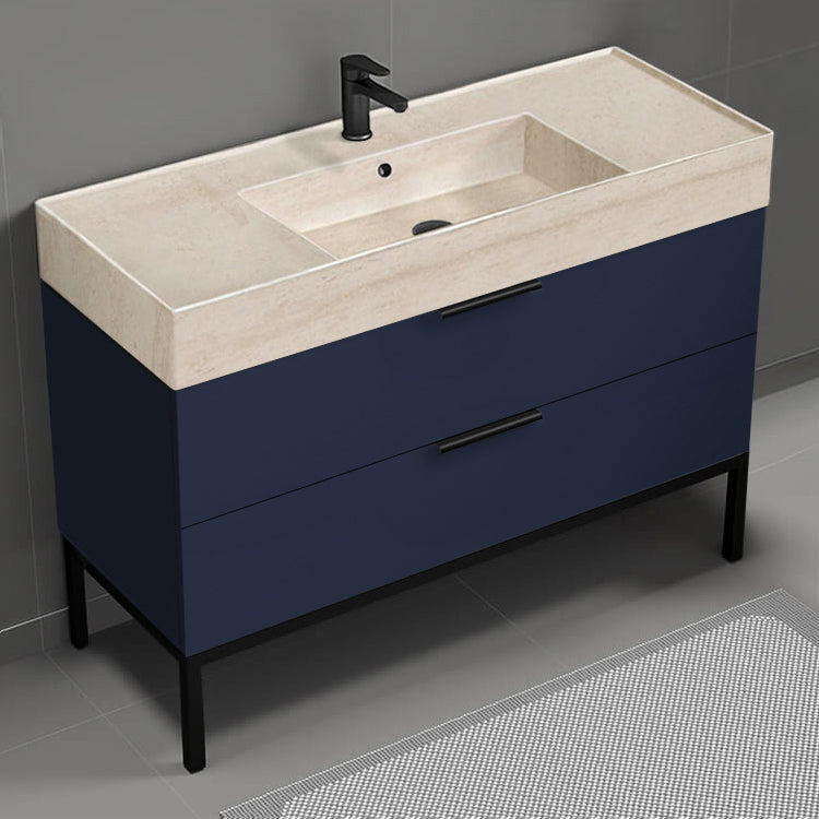 48" Bathroom Vanity With Beige Travertine Design Sink, Free Standing, Night Blue