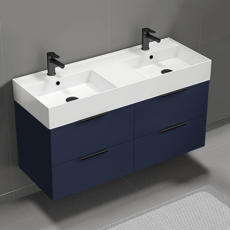 Double Bathroom Vanity, Wall Mount, 48", Night Blue