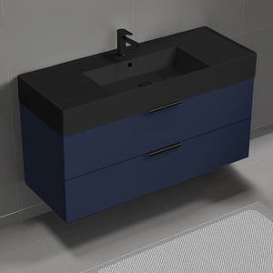 Modern Bathroom Vanity With Black Sink, Wall Mount, 48", Night Blue