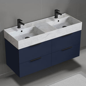 Double Bathroom Vanity With Marble Design Sink, Wall Mount, 48", Night Blue