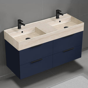 Double Bathroom Vanity With Beige Travertine Design Sink, Wall Mount, 48", Night Blue
