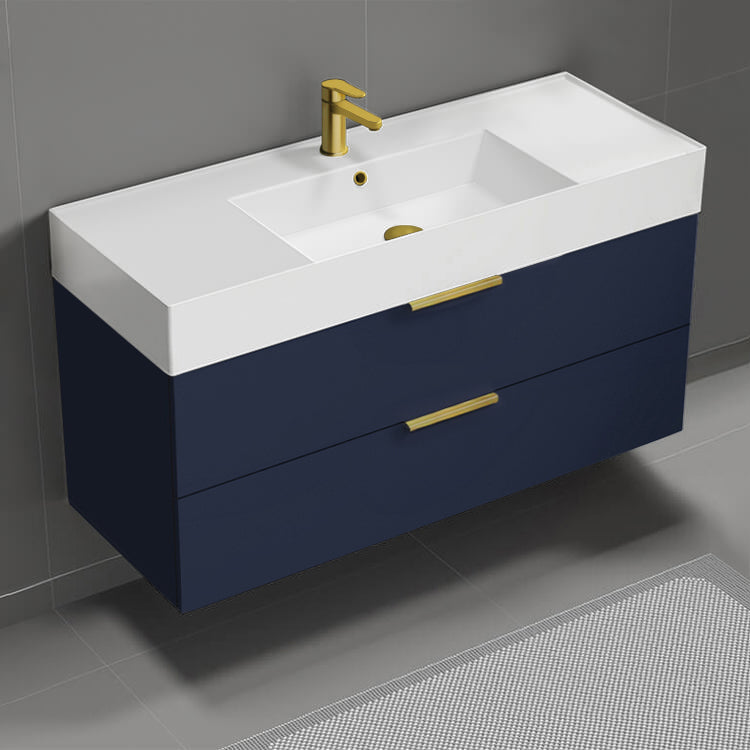 Modern Bathroom Vanity, Blue, Wall Mounted, 48"