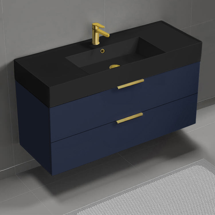 Modern Bathroom Vanity With Black Sink, Wall Mount, 48", Night Blue