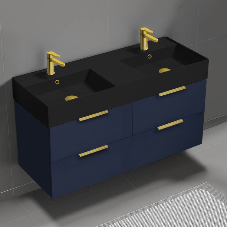 Double Bathroom Vanity With Black Sink, Wall Mount, 48", Night Blue