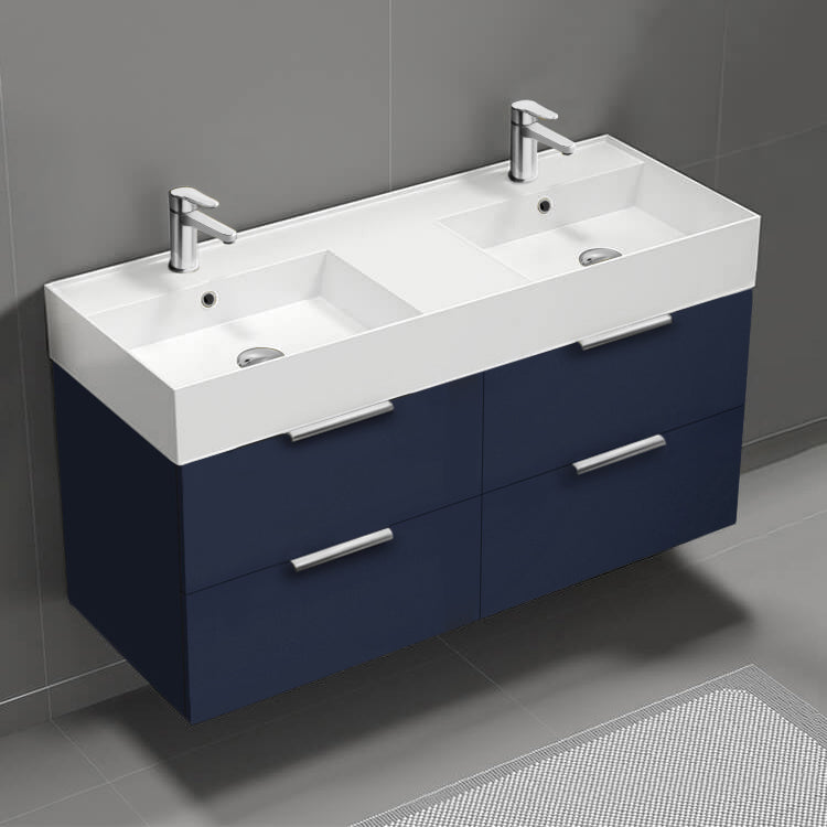 Double Bathroom Vanity, Wall Mount, 48", Night Blue