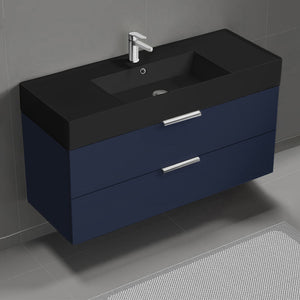 Modern Bathroom Vanity With Black Sink, Wall Mount, 48", Night Blue