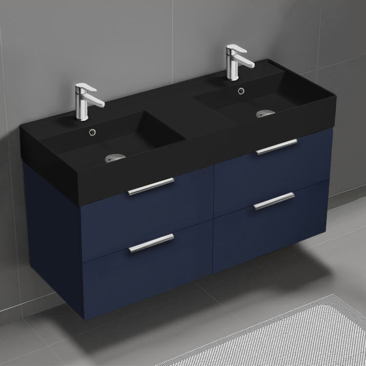 Double Bathroom Vanity With Black Sink, Wall Mount, 48", Night Blue