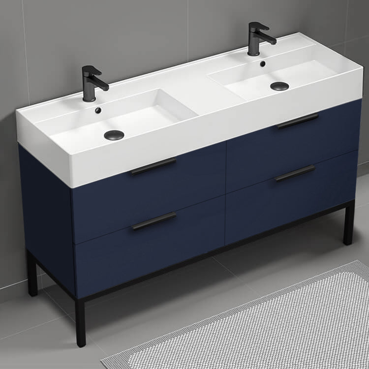 Double Bathroom Vanity, Floor Standing, 56", Night Blue
