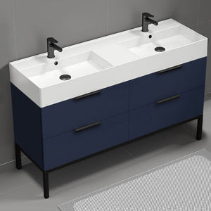 Double Bathroom Vanity, Floor Standing, 56", Night Blue