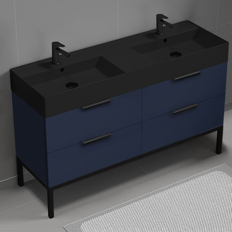 Double Bathroom Vanity With Black Sink, Floor Standing, 56", Night Blue