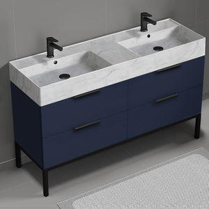 Double Bathroom Vanity With Marble Design Sink, Floor Standing, 56", Night Blue