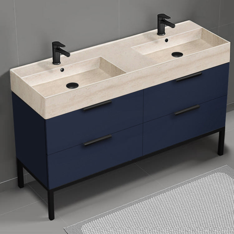 Double Bathroom Vanity With Beige Travertine Design Sink, Floor Standing, 56", Night Blue