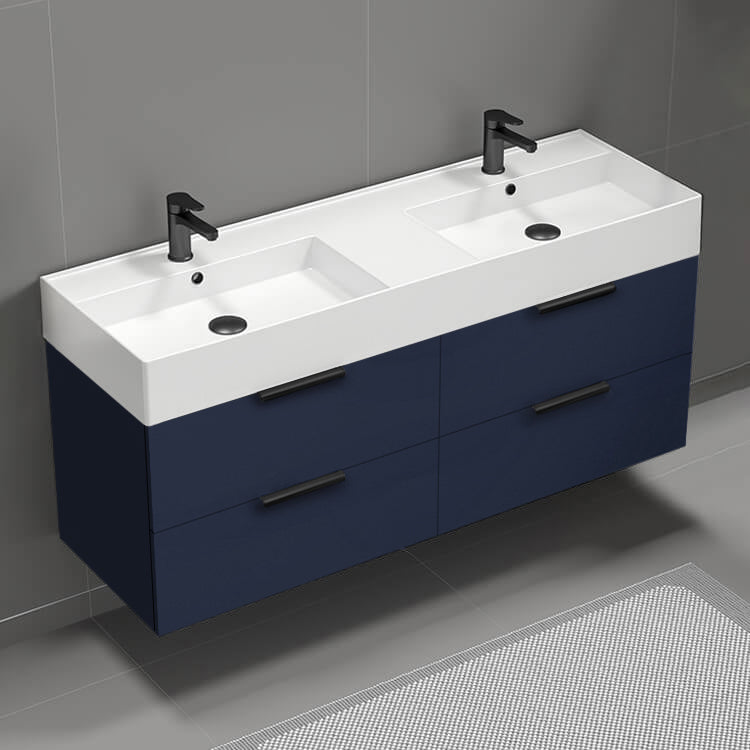 56" Bathroom Vanity, Double Sink, Wall Mounted, Modern, Night Blue