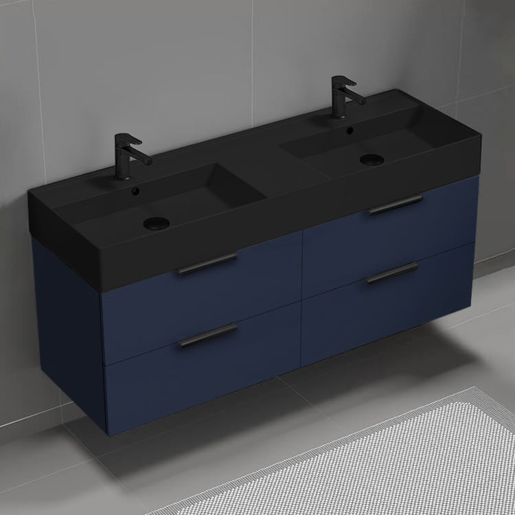 56" Bathroom Vanity With Black Sink, Double Sink, Wall Mounted, Modern, Night Blue