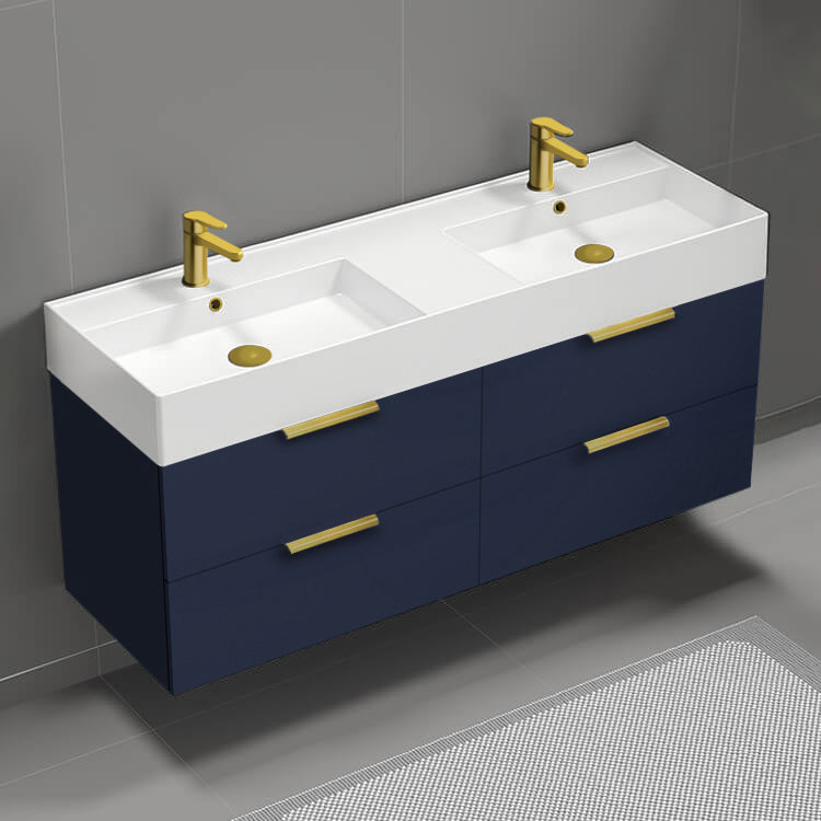 Double Sink Bathroom Vanity, 56", Wall Mounted, Blue