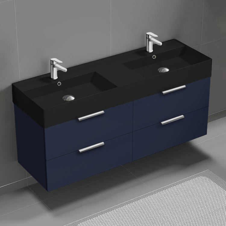 56" Bathroom Vanity With Black Sink, Double Sink, Wall Mounted, Modern, Night Blue