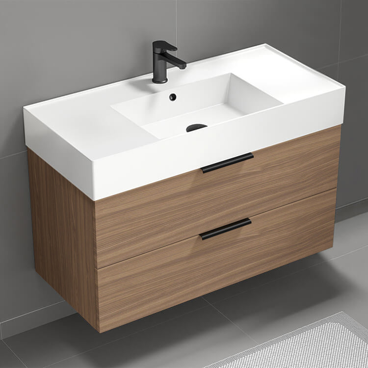 Bathroom Vanity, 40", Wall Mounted, Modern, Walnut