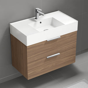 Walnut Bathroom Vanity, Wall Mounted, Single, 32", Modern