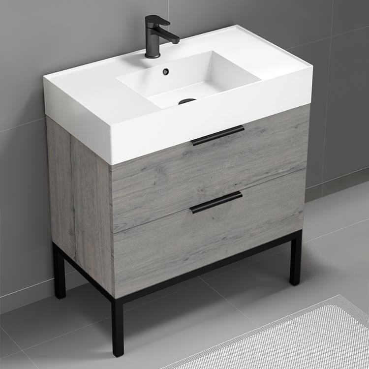 Grey Oak Bathroom Vanity, Floor Standing, 32"