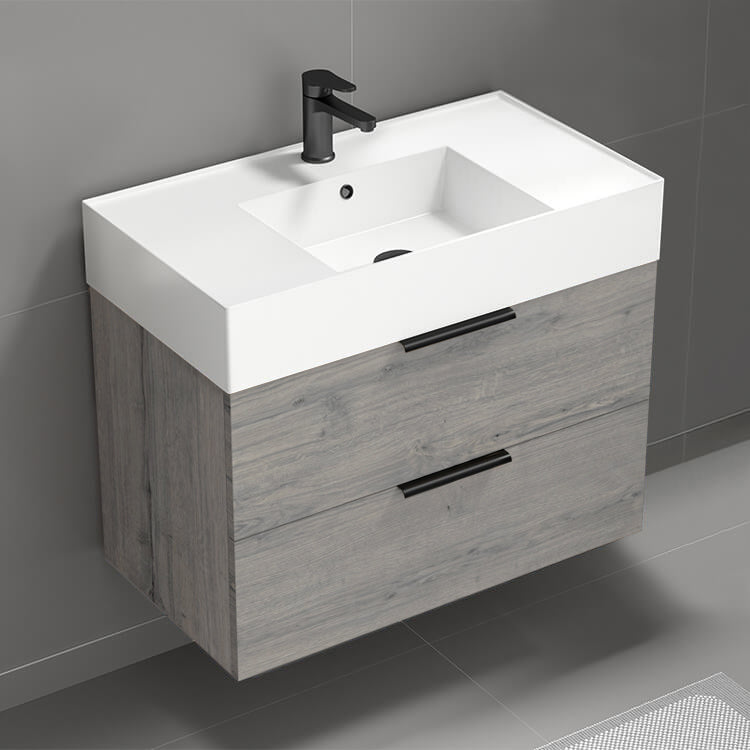 Wall Mounted Bathroom Vanity, 32", Modern, Grey Oak