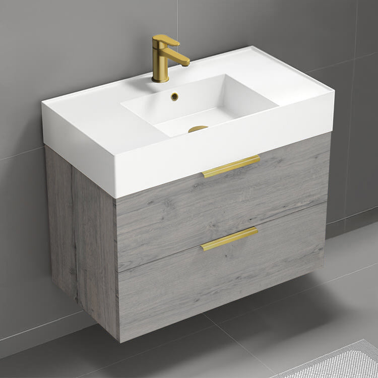 Wall Mounted Bathroom Vanity, Modern, 32", Grey Oak