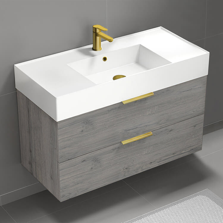 40" Bathroom Vanity, Wall Mounted, Grey Oak