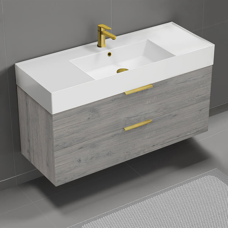 Modern Bathroom Vanity, Wall Mounted, 48", Grey Oak